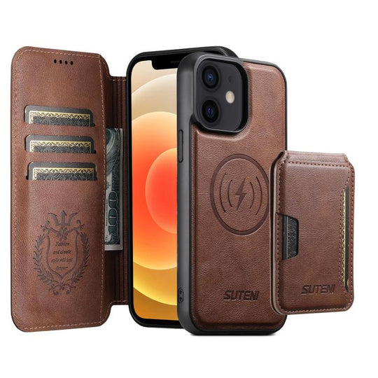 For iPhone 12 Suteni Q05S3 3-in-1 Detachable Vertical Flip Wallet MagSafe Leather Phone Case(Brown)