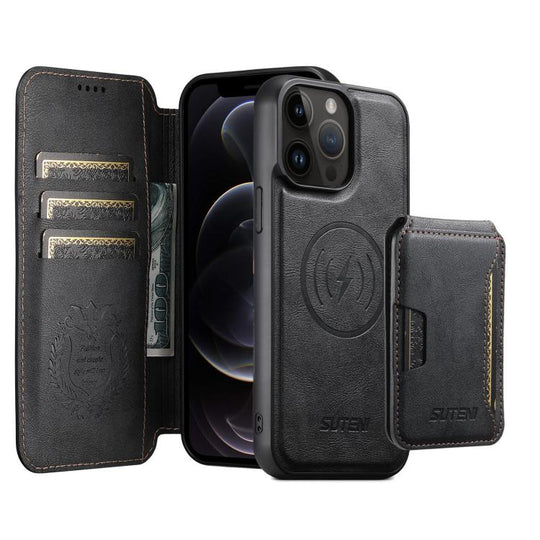 For iPhone 12 Pro Suteni Q05S3 3-in-1 Detachable Vertical Flip Wallet MagSafe Leather Phone Case(Black)