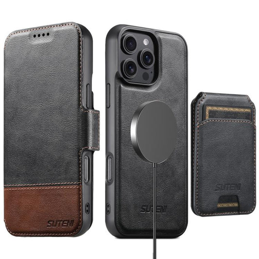 For iPhone 16 Pro Suteni Q06S2 3-in-1 Detachable Vertical Flip Wallet MagSafe Splicing Leather Phone Case(Black) - iPhone 16 Pro Cases by Suteni | Online Shopping UK | buy2fix