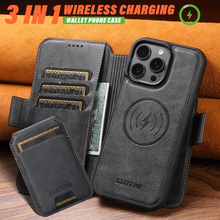 For iPhone 16 Pro Suteni Q06S2 3-in-1 Detachable Vertical Flip Wallet MagSafe Splicing Leather Phone Case(Black) - iPhone 16 Pro Cases by Suteni | Online Shopping UK | buy2fix