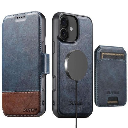 For iPhone 16 Plus Suteni Q06S2 3-in-1 Detachable Vertical Flip Wallet MagSafe Splicing Leather Phone Case(Blue) - iPhone 16 Plus Cases by Suteni | Online Shopping UK | buy2fix