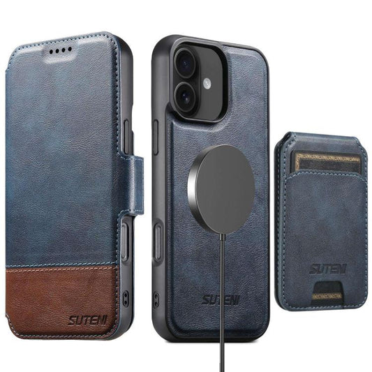 For iPhone 16 Plus Suteni Q06S2 3-in-1 Detachable Vertical Flip Wallet MagSafe Splicing Leather Phone Case(Blue) - iPhone 16 Plus Cases by Suteni | Online Shopping UK | buy2fix