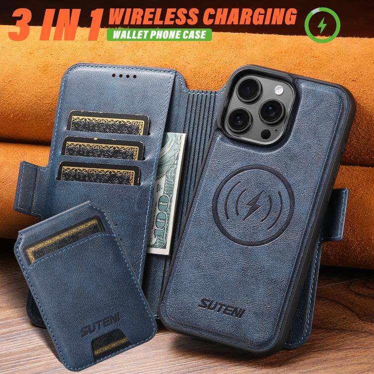 For iPhone 16 Plus Suteni Q06S2 3-in-1 Detachable Vertical Flip Wallet MagSafe Splicing Leather Phone Case(Blue) - iPhone 16 Plus Cases by Suteni | Online Shopping UK | buy2fix