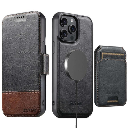 For iPhone 15 Pro Suteni Q06S2 3-in-1 Detachable Vertical Flip Wallet MagSafe Splicing Leather Phone Case(Black)