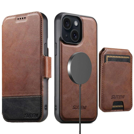 For iPhone 15 Plus Suteni Q06S2 3-in-1 Detachable Vertical Flip Wallet MagSafe Splicing Leather Phone Case(Brown)