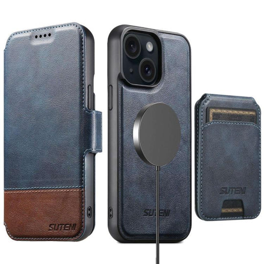 For iPhone 14 Plus Suteni Q06S2 3-in-1 Detachable Vertical Flip Wallet MagSafe Splicing Leather Phone Case(Blue)