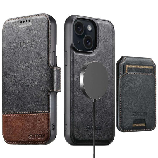 For iPhone 13 Suteni Q06S2 3-in-1 Detachable Vertical Flip Wallet MagSafe Splicing Leather Phone Case(Black)