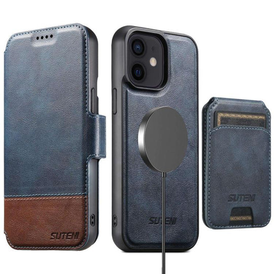 For iPhone 12 Suteni Q06S2 3-in-1 Detachable Vertical Flip Wallet MagSafe Splicing Leather Phone Case(Blue)