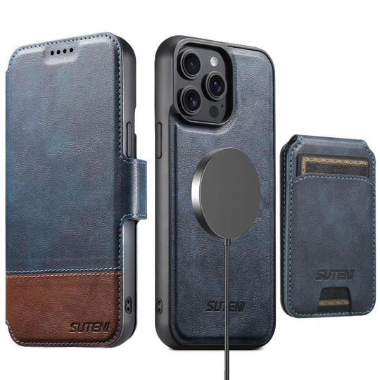 For iPhone 12 Pro Max Suteni Q06S2 3-in-1 Detachable Vertical Flip Wallet MagSafe Splicing Leather Phone Case(Blue)