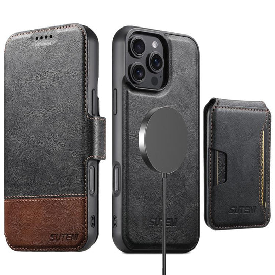 For iPhone 16 Pro Max Suteni Q06S3 3-in-1 Splicing Detachable Vertical Flip Wallet MagSafe Leather Phone Case(Black)