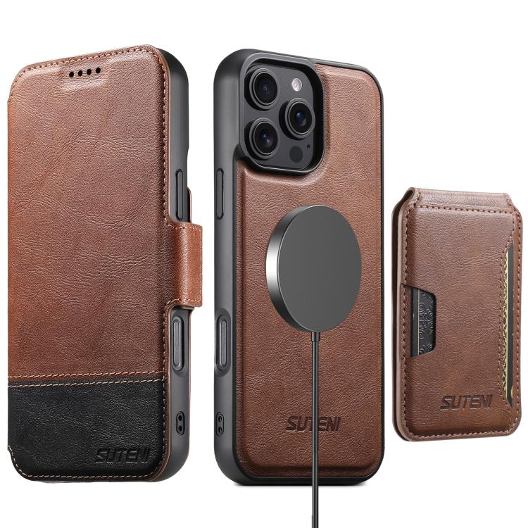 For iPhone 16 Pro Suteni Q06S3 3-in-1 Splicing Detachable Vertical Flip Wallet MagSafe Leather Phone Case(Brown) - iPhone 16 Pro Cases by Suteni | Online Shopping UK | buy2fix