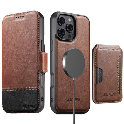For iPhone 16 Pro Suteni Q06S3 3-in-1 Splicing Detachable Vertical Flip Wallet MagSafe Leather Phone Case(Brown) - iPhone 16 Pro Cases by Suteni | Online Shopping UK | buy2fix