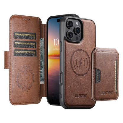 For iPhone 16 Pro Suteni Q06S3 3-in-1 Splicing Detachable Vertical Flip Wallet MagSafe Leather Phone Case(Brown) - iPhone 16 Pro Cases by Suteni | Online Shopping UK | buy2fix