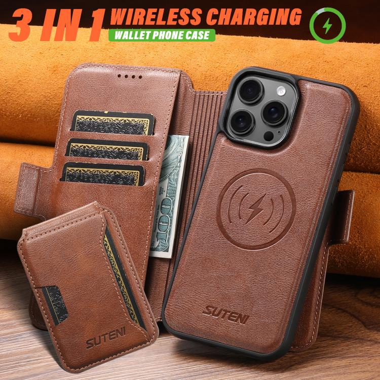 For iPhone 16 Pro Suteni Q06S3 3-in-1 Splicing Detachable Vertical Flip Wallet MagSafe Leather Phone Case(Brown) - iPhone 16 Pro Cases by Suteni | Online Shopping UK | buy2fix