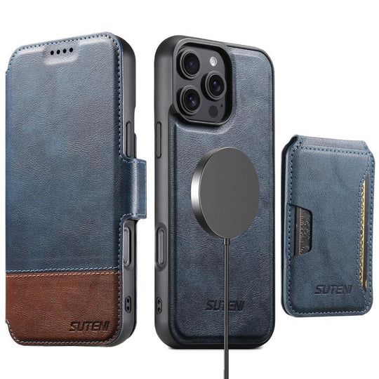 For iPhone 16 Pro Suteni Q06S3 3-in-1 Splicing Detachable Vertical Flip Wallet MagSafe Leather Phone Case(Blue)