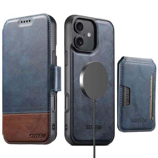 For iPhone 16 Plus Suteni Q06S3 3-in-1 Splicing Detachable Vertical Flip Wallet MagSafe Leather Phone Case(Blue) - iPhone 16 Plus Cases by Suteni | Online Shopping UK | buy2fix