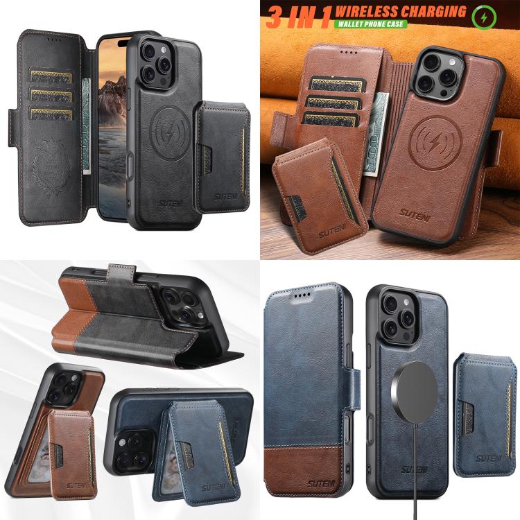 For iPhone 16 Pro Suteni Q06S3 3-in-1 Splicing Detachable Vertical Flip Wallet MagSafe Leather Phone Case(Black) - iPhone 16 Pro Cases by Suteni | Online Shopping UK | buy2fix
