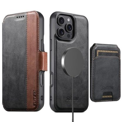 For iPhone 16 Pro Suteni Q07S2 3-in-1 Detachable Vertical Flip Wallet MagSafe Splicing Leather Phone Case(Black) - iPhone 16 Pro Cases by Suteni | Online Shopping UK | buy2fix