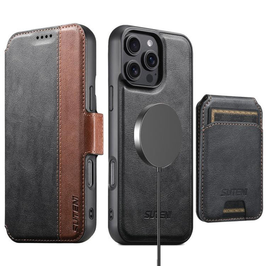 For iPhone 16 Pro Suteni Q07S2 3-in-1 Detachable Vertical Flip Wallet MagSafe Splicing Leather Phone Case(Black) - iPhone 16 Pro Cases by Suteni | Online Shopping UK | buy2fix