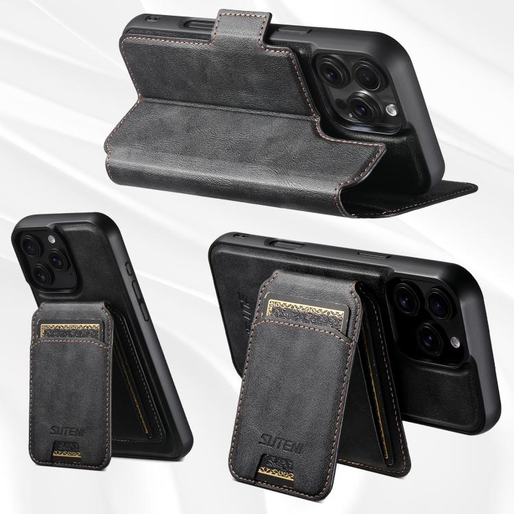 For iPhone 16 Pro Suteni Q07S2 3-in-1 Detachable Vertical Flip Wallet MagSafe Splicing Leather Phone Case(Black) - iPhone 16 Pro Cases by Suteni | Online Shopping UK | buy2fix