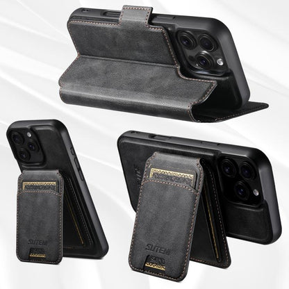 For iPhone 16 Pro Suteni Q07S2 3-in-1 Detachable Vertical Flip Wallet MagSafe Splicing Leather Phone Case(Black) - iPhone 16 Pro Cases by Suteni | Online Shopping UK | buy2fix