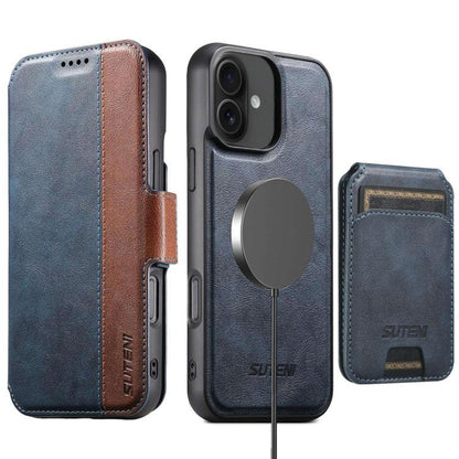 For iPhone 16 Suteni Q07S2 3-in-1 Detachable Vertical Flip Wallet MagSafe Splicing Leather Phone Case(Blue) - iPhone 16 Cases by Suteni | Online Shopping UK | buy2fix