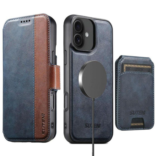 For iPhone 16 Suteni Q07S2 3-in-1 Detachable Vertical Flip Wallet MagSafe Splicing Leather Phone Case(Blue) - iPhone 16 Cases by Suteni | Online Shopping UK | buy2fix