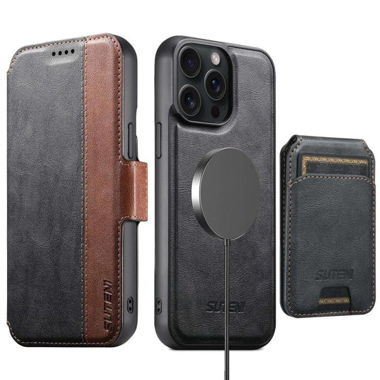 For iPhone 15 Pro Max Suteni Q07S2 3-in-1 Detachable Vertical Flip Wallet MagSafe Splicing Leather Phone Case(Black)