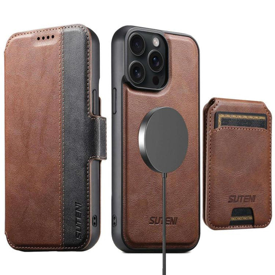For iPhone 15 Pro Max Suteni Q07S2 3-in-1 Detachable Vertical Flip Wallet MagSafe Splicing Leather Phone Case(Brown)