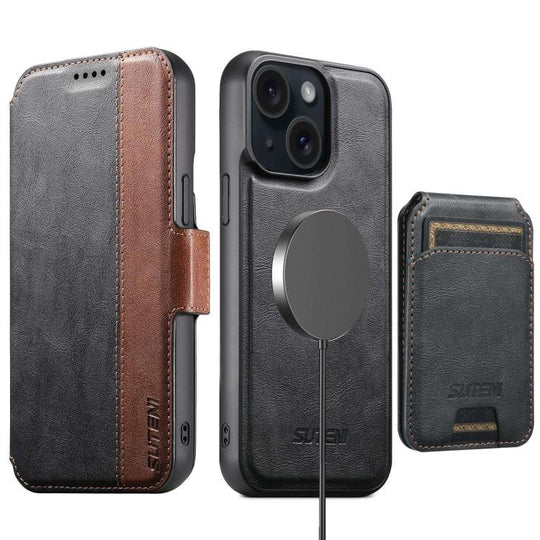 For iPhone 15 Plus Suteni Q07S2 3-in-1 Detachable Vertical Flip Wallet MagSafe Splicing Leather Phone Case(Black)