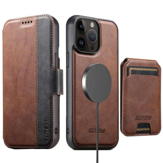 For iPhone 13 Pro Max Suteni Q07S2 3-in-1 Detachable Vertical Flip Wallet MagSafe Splicing Leather Phone Case(Brown)