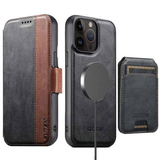 For iPhone 13 Pro Suteni Q07S2 3-in-1 Detachable Vertical Flip Wallet MagSafe Splicing Leather Phone Case(Black)