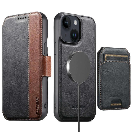 For iPhone 13 Suteni Q07S2 3-in-1 Detachable Vertical Flip Wallet MagSafe Splicing Leather Phone Case(Black)