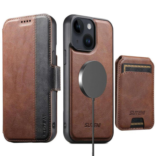 For iPhone 13 Suteni Q07S2 3-in-1 Detachable Vertical Flip Wallet MagSafe Splicing Leather Phone Case(Brown)