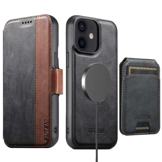 For iPhone 12 Suteni Q07S2 3-in-1 Detachable Vertical Flip Wallet MagSafe Splicing Leather Phone Case(Black)