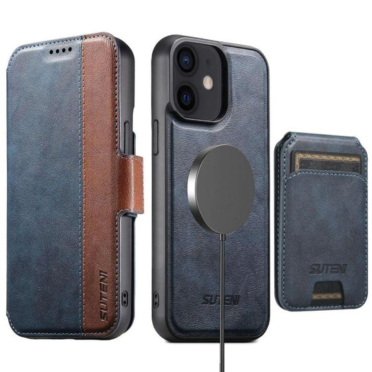 For iPhone 12 Suteni Q07S2 3-in-1 Detachable Vertical Flip Wallet MagSafe Splicing Leather Phone Case(Blue)