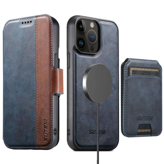 For iPhone 12 Pro Max Suteni Q07S2 3-in-1 Detachable Vertical Flip Wallet MagSafe Splicing Leather Phone Case(Blue)