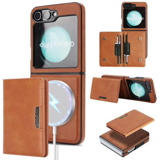 For Samsung Galaxy Z Flip7 FE / Flip6 Kalebol Strong Magnetic MagSafe 2-Fold Ring Magnetic Card Case Leather Side Sticker Phone Case(Brown)
