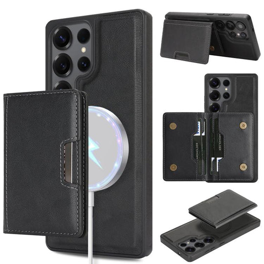 For Samsung Galaxy S24 Ultra Kalebol Strong Magnetic MagSafe 2-Fold Ring Magnetic Card Case Leather Side Sticker Phone Case(Black)