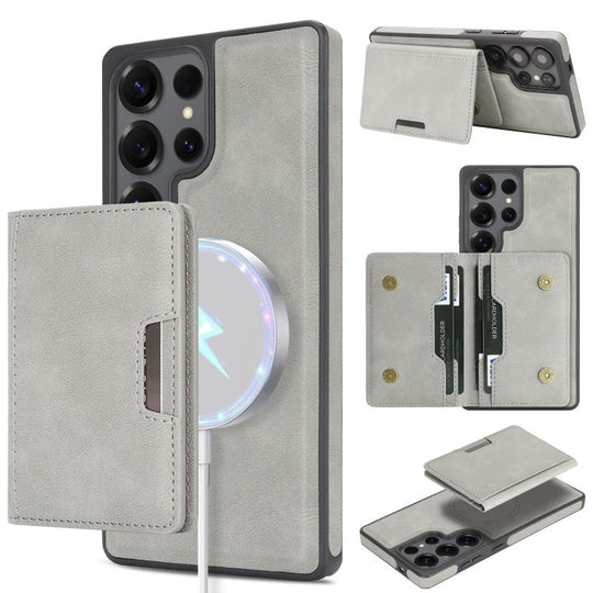 For Samsung Galaxy S24 Ultra Kalebol Strong Magnetic MagSafe 2-Fold Ring Magnetic Card Case Leather Side Sticker Phone Case(Gray)