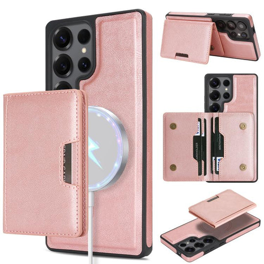 For Samsung Galaxy S24 Ultra Kalebol Strong Magnetic MagSafe 2-Fold Ring Magnetic Card Case Leather Side Sticker Phone Case(Pink Gold)