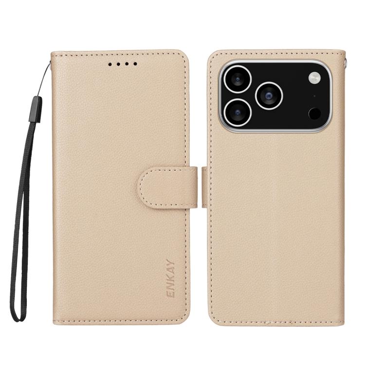 For iPhone 17 Pro Max ENKAY RFID Blocking Wallet Kickstand Litchi Texture Leather Phone Case(Beige) - iPhone 17 Pro Max Cases by ENKAY | Online Shopping UK | buy2fix