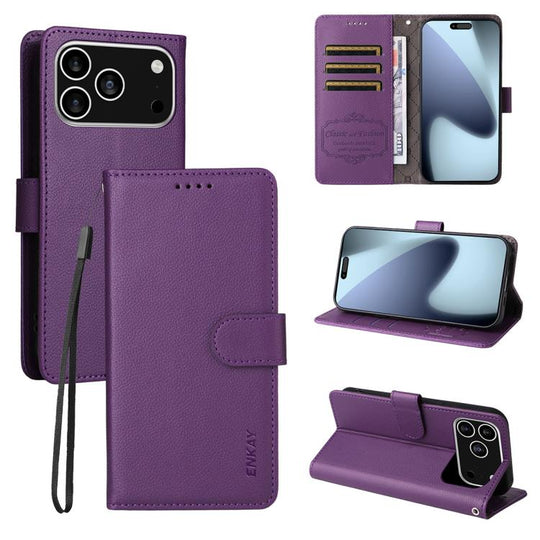 For iPhone 18 Pro Max / 17 Pro Max ENKAY RFID Blocking Wallet Kickstand Litchi Texture Leather Phone Case(Purple)