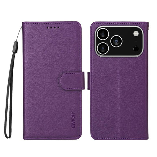 For iPhone 17 Pro Max ENKAY RFID Blocking Wallet Kickstand Litchi Texture Leather Phone Case(Purple) - iPhone 17 Pro Max Cases by ENKAY | Online Shopping UK | buy2fix