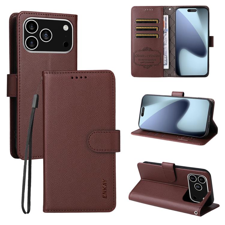 For iPhone 17 Pro Max ENKAY RFID Blocking Wallet Kickstand Litchi Texture Leather Phone Case(Brown) - iPhone 17 Pro Max Cases by ENKAY | Online Shopping UK | buy2fix