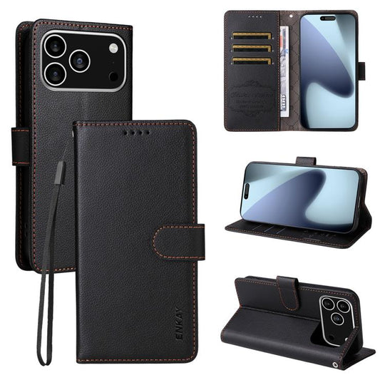 For iPhone 18 Pro / 17 Pro ENKAY RFID Blocking Wallet Kickstand Litchi Texture Leather Phone Case(Black)
