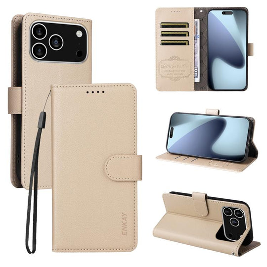 For iPhone 18 Pro / 17 Pro ENKAY RFID Blocking Wallet Kickstand Litchi Texture Leather Phone Case(Beige)