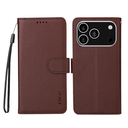 For iPhone 17 Pro ENKAY RFID Blocking Wallet Kickstand Litchi Texture Leather Phone Case(Brown) - iPhone 17 Pro Cases by ENKAY | Online Shopping UK | buy2fix