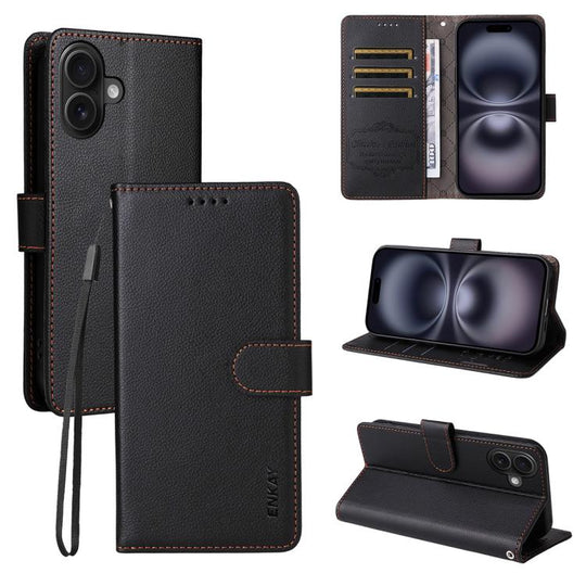 For iPhone 17 ENKAY RFID Blocking Wallet Kickstand Litchi Texture Leather Phone Case(Black)