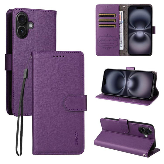 For iPhone 17 ENKAY RFID Blocking Wallet Kickstand Litchi Texture Leather Phone Case(Purple)